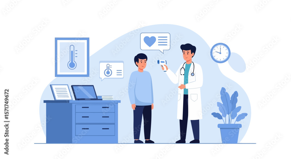 Doctor Measures Temperature of Patient In Clinic Using Non Contact Thermometer Doctor Measures Temperature of Patient In Clinic Using Non Contact Thermometer