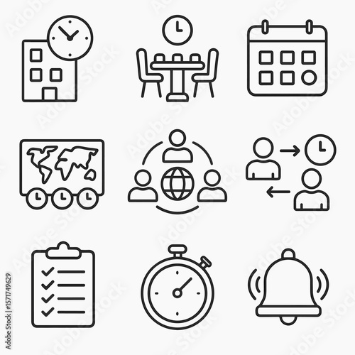 Time Zone Icons. Outline style icons of time zone offices: office clock, meeting room, desk calendar, timezone board, work