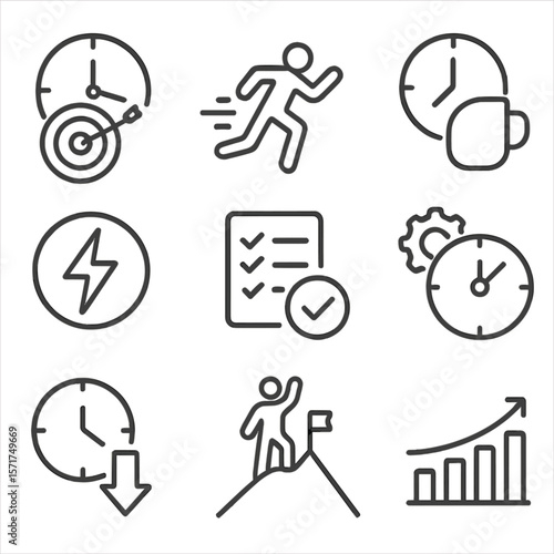 Time Management Icons. Outline style icons of time targeting productivity: focus hour, work burst, break time, energy peak, task