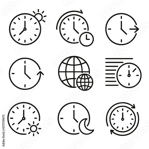 Time Zone Variations. Outline style icons of time zone variation: summer time, winter time, local shift, regional clock, global
