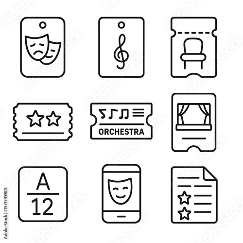 Theater Ticket Icons. Outline style icons of Theater and Performing Arts Ticketing: drama mask pass, opera ticket, seat