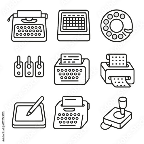Historic Input Device Icons. Outline style icons of Historic Input Devices: typewriter keyboard, terminal input block, rotary dial