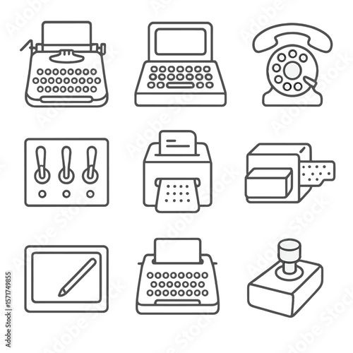Historic Input Device Icons. Outline style icons of Historic Input Devices: typewriter keyboard, terminal input block, rotary dial