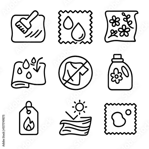 Textile Finish Icons. Outline style icons of Textile Finishes: brushed fabric, dyed swatch, printed textile, waterproof coating,