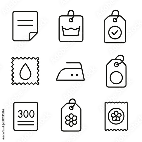 Textile Label Icons. Outline style icons of Textile Labels and Tags: material composition label, care instruction icon, wash