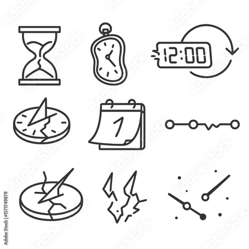 Outline Temporal Anomalies. Outline style icons of Temporal Anomalies: broken hourglass, warped pocket watch, glitching digital