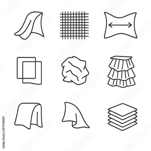 Fabric Icon Outline. Outline style icons of Fabric Draping and Texture: smooth silk fold, coarse weave shadow, stretch fabric line