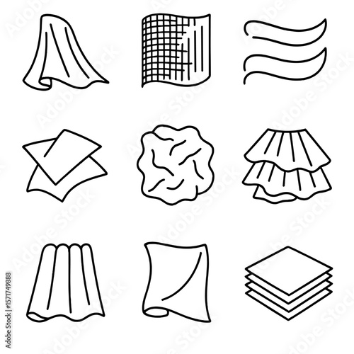 Fabric Icon Outline. Outline style icons of Fabric Draping and Texture: smooth silk fold, coarse weave shadow, stretch fabric line