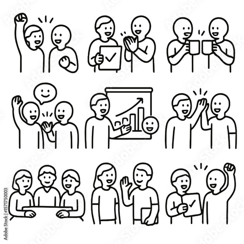 Team Achievement Icons. Outline style icons of Daily Team Wins: small win cheer, task done applause, coffee celebration, shared
