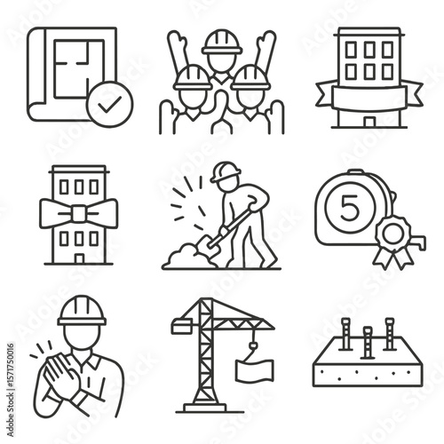 Construction Icons Celebration. Outline style icons of Construction Crew Milestone: blueprint with check mark, hardhat group cheer