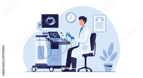 Doctor Performing Ultrasound Diagnostic in Clinic For Early Detection Of Disease