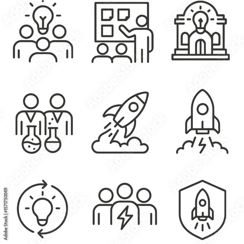Innovation Icons Collection. Outline style icons of Innovation Team: invention lightbulb group, brainstorming wall, prototyping