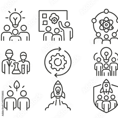 Innovation Icons Collection. Outline style icons of Innovation Team: invention lightbulb group, brainstorming wall, prototyping