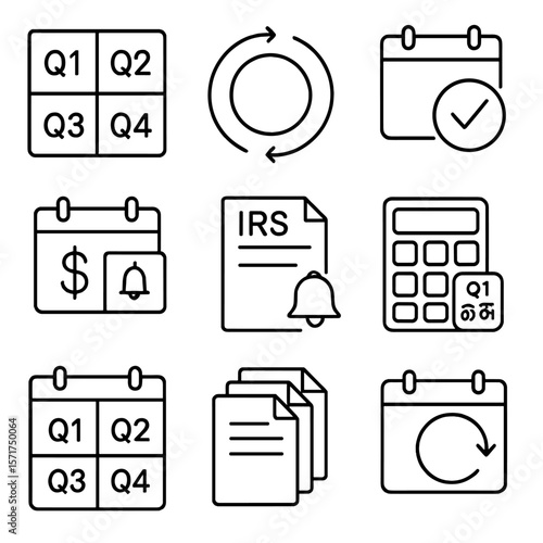Quarterly Tax Icons. Outline style icons of Quarterly Tax Schedule: Q1-Q4 grid, quarterly arrow circle, tax date blocks, IRS