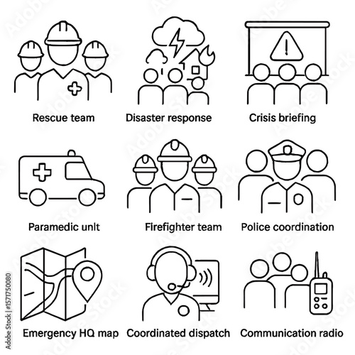 Emergency Team Icons. Outline style icons of Emergency Team Collaboration: rescue team icon, disaster response group, crisis