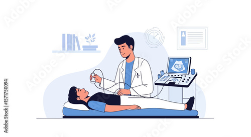 Doctor Performing Ultrasound Exam On Patient In Clinic Illustration Concept