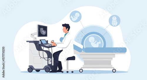 Doctor Performs Ultrasound Scan During Pregnancy Checks Fetal Development And Health