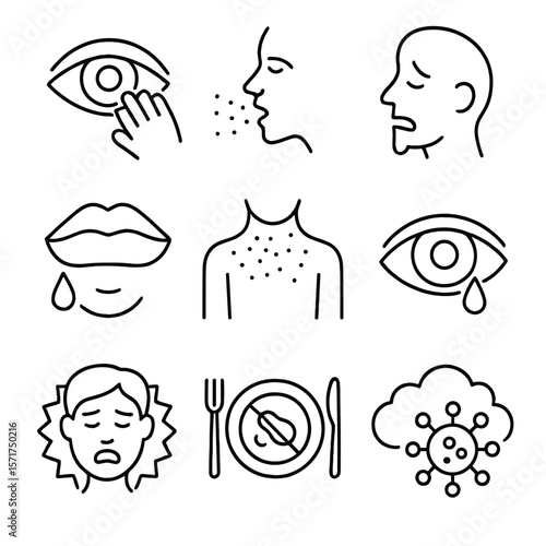 Allergy Symptom Icons. Outline style icons of Allergy Symptoms: itchy eyes, sneezing with particles, nasal congestion, swollen