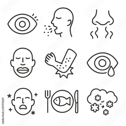 Allergy Symptom Icons. Outline style icons of Allergy Symptoms: itchy eyes, sneezing with particles, nasal congestion, swollen