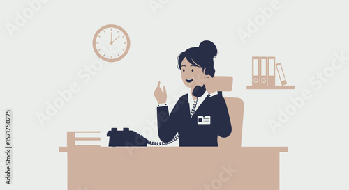 Professional Woman Answering Phone At Desk Illustration With Clock And Files In Office