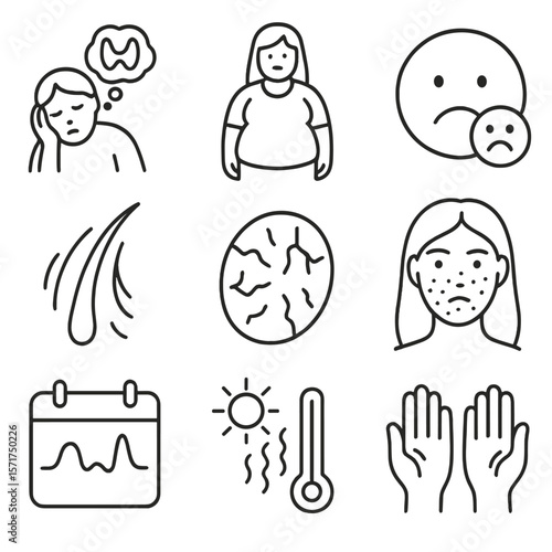 Endocrine Symptoms Icons. Outline style icons of Endocrine Symptoms: thyroid fatigue, weight gain icon, mood change bubble, hair