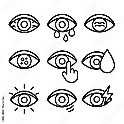 Eye Symptoms Icons. Outline style icons of Eye Symptoms: red eye, watery eyes, blurry vision, floaters in vision, itchy eye, dry