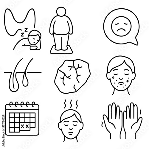 Endocrine Symptoms Icons. Outline style icons of Endocrine Symptoms: thyroid fatigue, weight gain icon, mood change bubble, hair