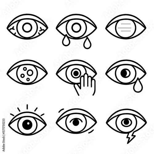 Eye Symptoms Icons. Outline style icons of Eye Symptoms: red eye, watery eyes, blurry vision, floaters in vision, itchy eye, dry