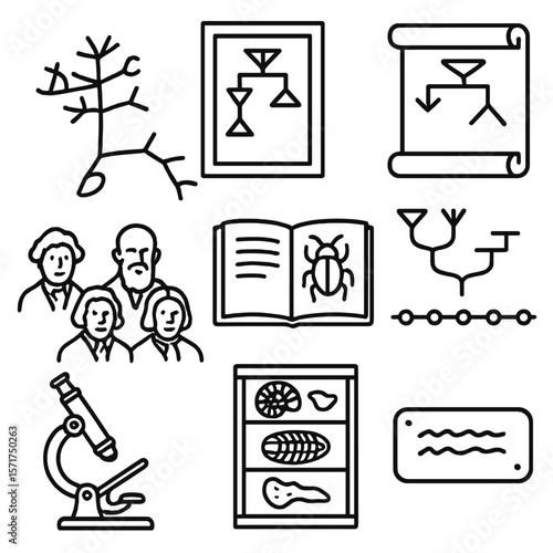 Evolutionary Icons Collection. Outline style icons of Systematics History: Darwin’s tree sketch, Linnaean chart, old