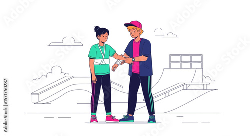 Kind Friend Helping Injured Skater After Accident On The Skate Park