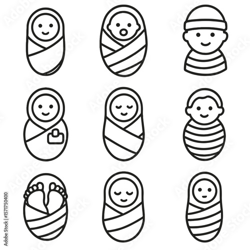Newborn Swaddling Icons. Outline style icons of Newborn Swaddling: newborn in hospital wrap, just born baby in cloth, baby with