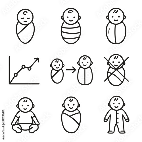 Swaddled Baby Growth Icons. Outline style icons of Swaddled Baby Growth Stages: day-old wrap, 1-week infant, 1-month snug swaddle,