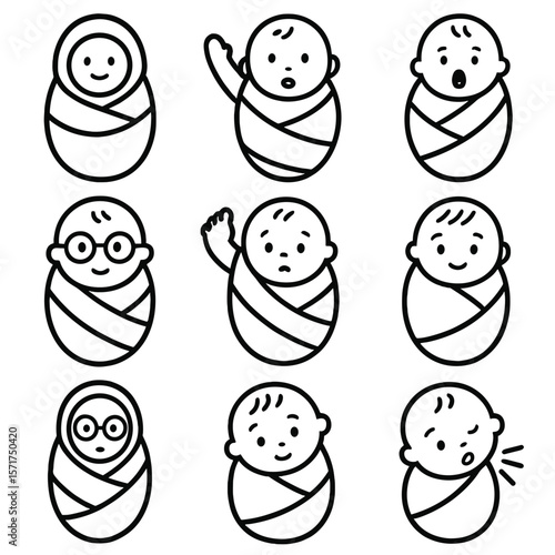Funny Swaddled Baby Icons. Outline style icons of Funny Swaddled Baby Moments: baby in oversized wrap, arm poking out of swaddle,
