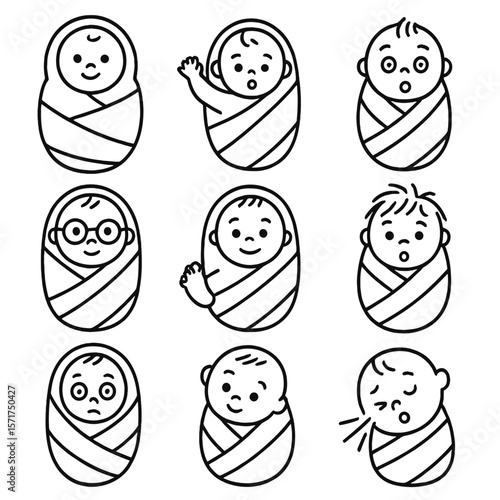 Funny Swaddled Baby Icons. Outline style icons of Funny Swaddled Baby Moments: baby in oversized wrap, arm poking out of swaddle,