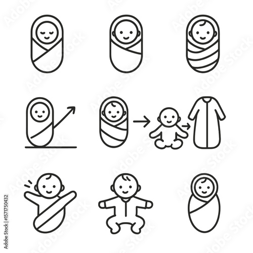 Swaddled Baby Growth Icons. Outline style icons of Swaddled Baby Growth Stages: day-old wrap, 1-week infant, 1-month snug swaddle,