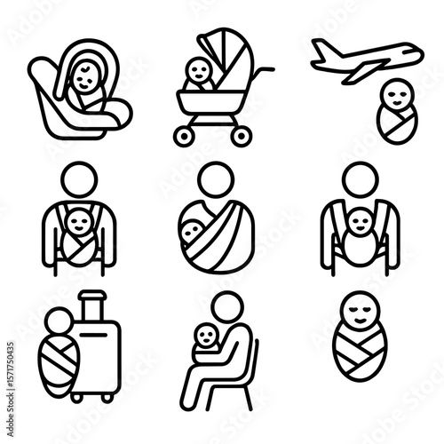 Travel with Swaddled Baby. Outline style icons of Swaddled Baby During Travel: baby wrapped in car seat, baby in stroller swaddled