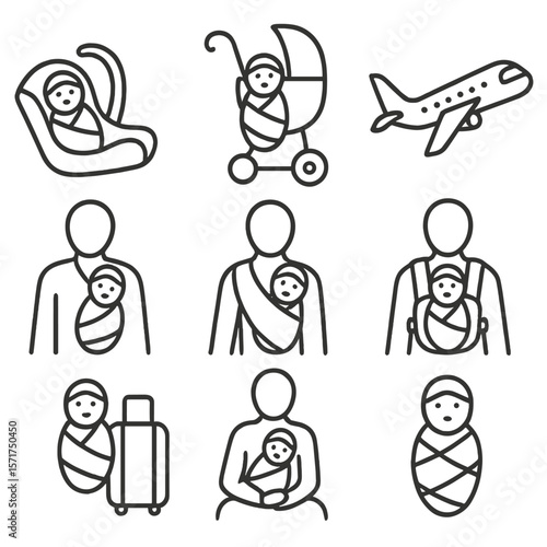 Travel with Swaddled Baby. Outline style icons of Swaddled Baby During Travel: baby wrapped in car seat, baby in stroller swaddled