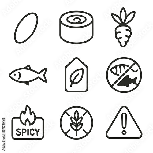Sushi Ingredient Icons. Outline style icons of Sushi Ingredient Labels: rice grain symbol, nori roll icon, wasabi root icon, fish