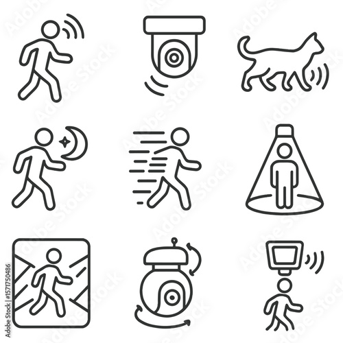 Motion Sensor Icons. Outline style icons of Motion-Activated Cameras: moving figure with wave icon, motion sensor cam, animal