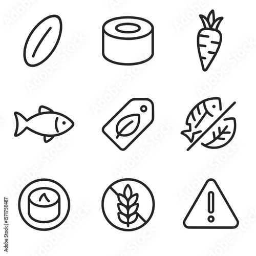 Sushi Ingredient Icons. Outline style icons of Sushi Ingredient Labels: rice grain symbol, nori roll icon, wasabi root icon, fish