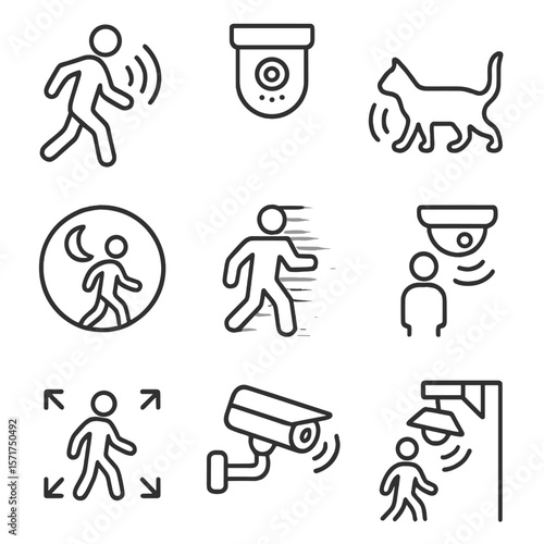 Motion Sensor Icons. Outline style icons of Motion-Activated Cameras: moving figure with wave icon, motion sensor cam, animal