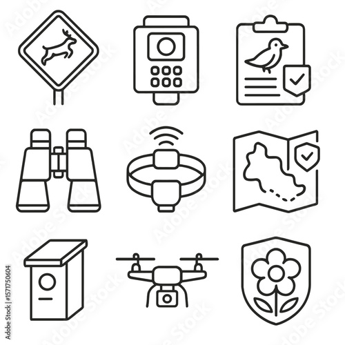 Wildlife Protection Icons. Line style icons of Wildlife Protection: wildlife corridor sign, camera trap, species recovery plan,