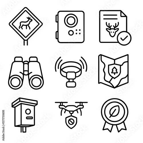 Wildlife Protection Icons. Line style icons of Wildlife Protection: wildlife corridor sign, camera trap, species recovery plan,