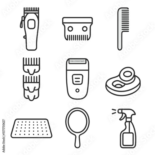 Modern Barber Tools Icons. Line style icons of Modern Fade Station: cordless clipper, fade blade, fade comb, detachable guards