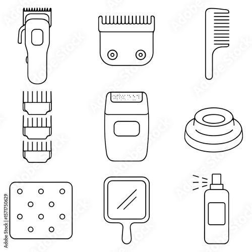 Modern Barber Tools Icons. Line style icons of Modern Fade Station: cordless clipper, fade blade, fade comb, detachable guards