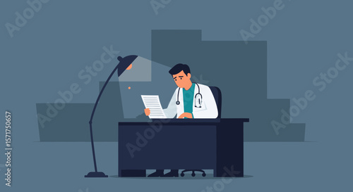 Doctor Reviewing Medical Records Under Desk Lamp In Dark Toned Office Setting With Neutral Colors
