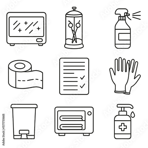 Barber Hygiene Icons. Line style icons of Barber Sanitation Zone: UV sterilizer, glass Barbicide jar, clipper spray, disposable