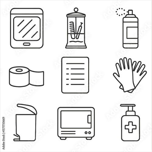 Barber Hygiene Icons. Line style icons of Barber Sanitation Zone: UV sterilizer, glass Barbicide jar, clipper spray, disposable