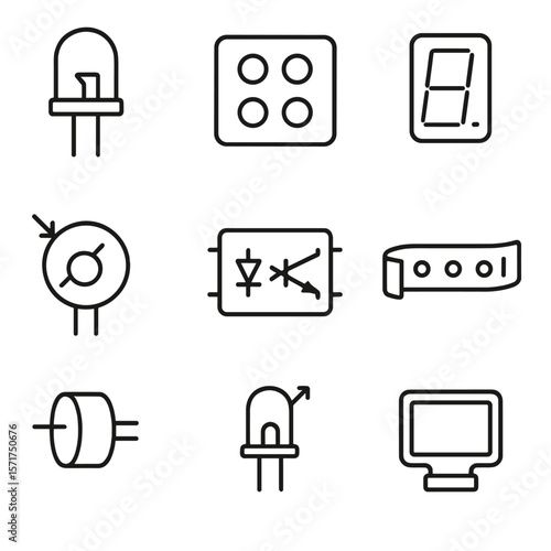 Optoelectronic Device Icons. Line style icons of Optoelectronic Devices: 5 mm LED, SMD LED array, seven-segment display,