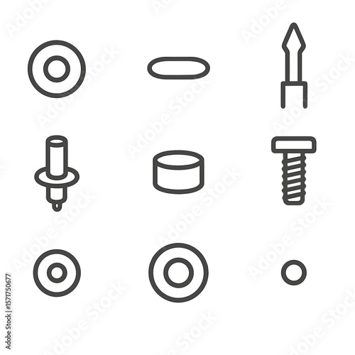 Test Points Icons. Line style icons of Test Points & Hardware: through-hole test pad, surface test pad, loop test pin, keystone